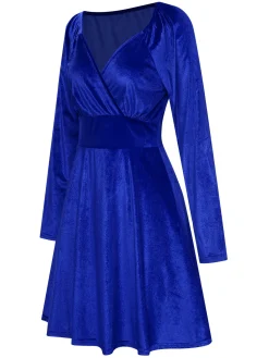 Fashion Retro Stage 1960s V-Neck Velvet Long Sleeve A-Line Dress