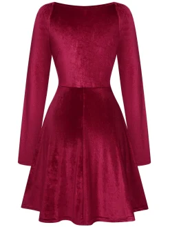 Fashion Retro Stage 1960s V-Neck Velvet Long Sleeve A-Line Dress