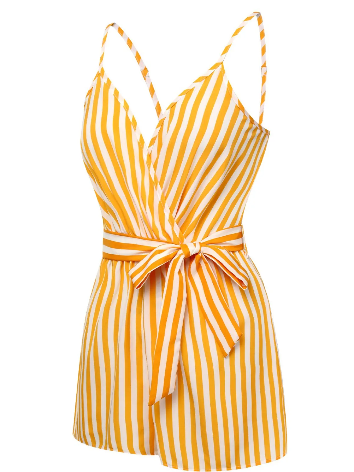 Fashion Retro Stage 1970s V-Neck Vertical Stripes Lace Up Romper