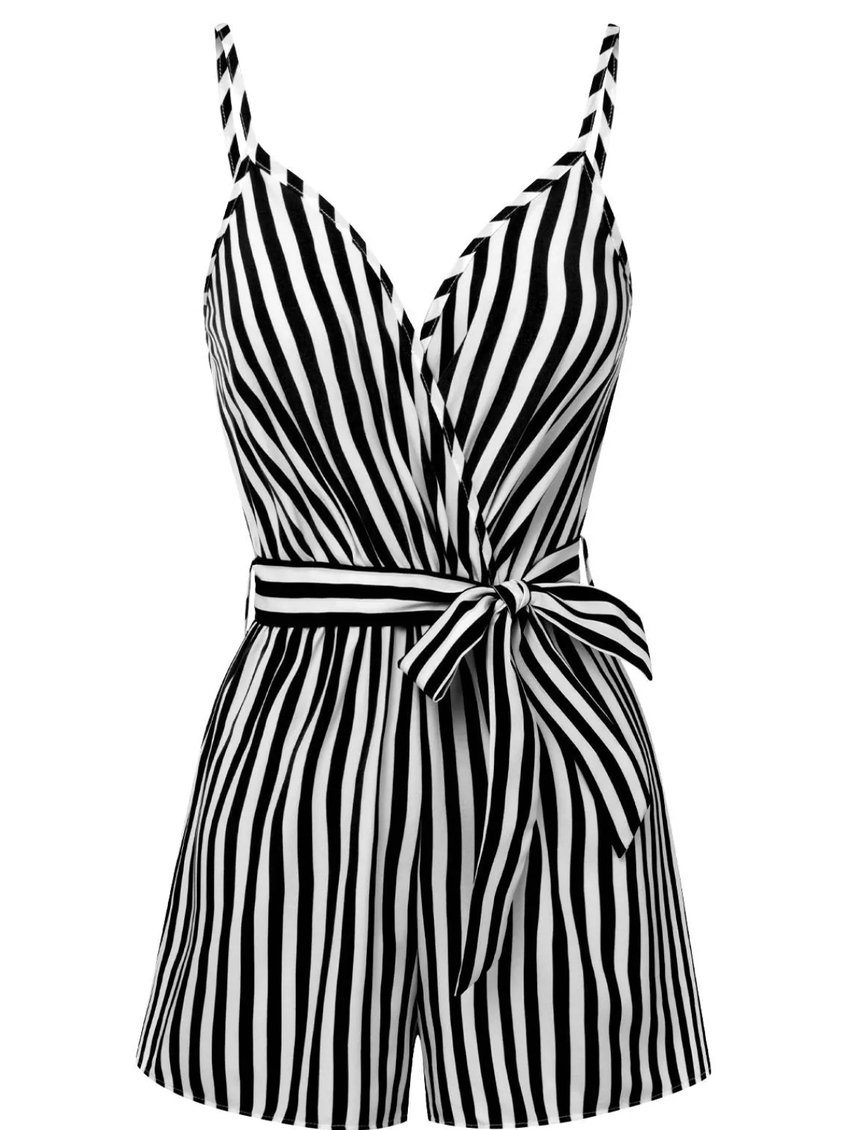 Fashion Retro Stage 1970s V-Neck Vertical Stripes Lace Up Romper