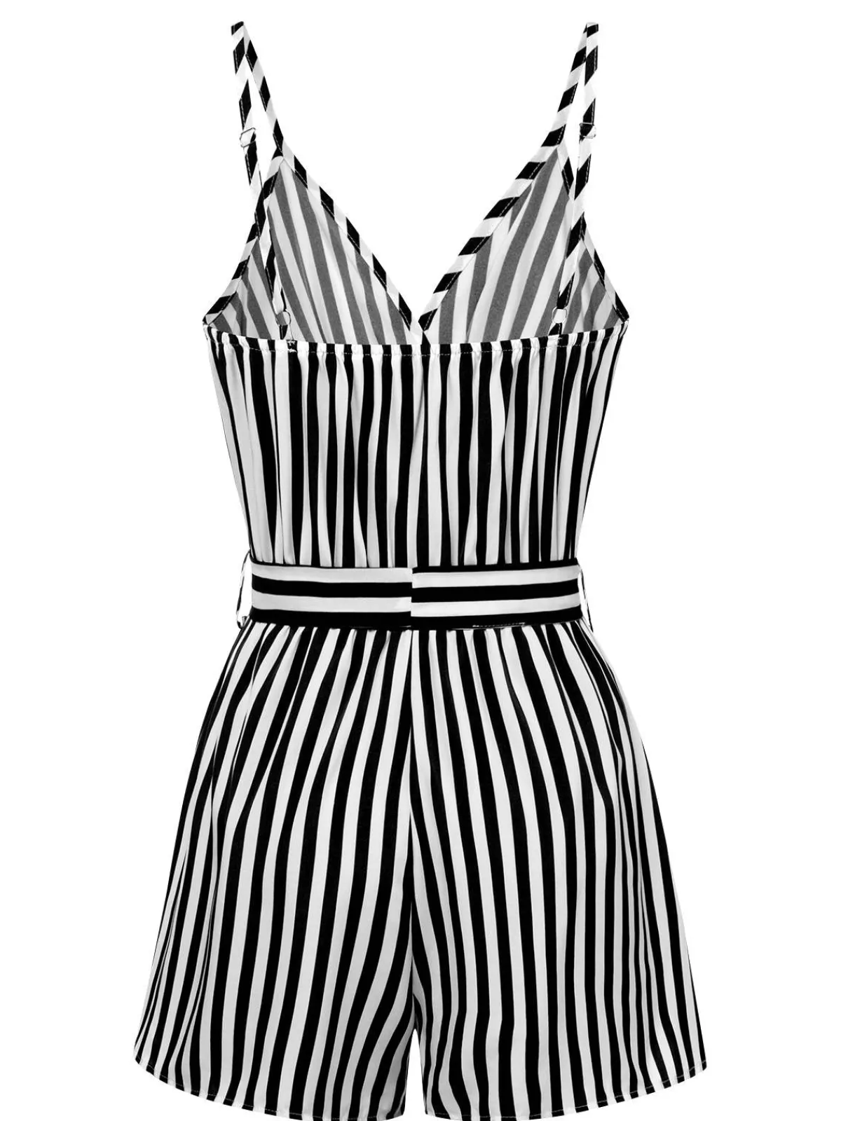 Fashion Retro Stage 1970s V-Neck Vertical Stripes Lace Up Romper