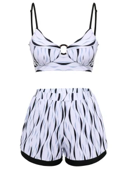 Sale Retro Stage 1950s Water Ripple Patchwork Strap Swimsuit Black & White