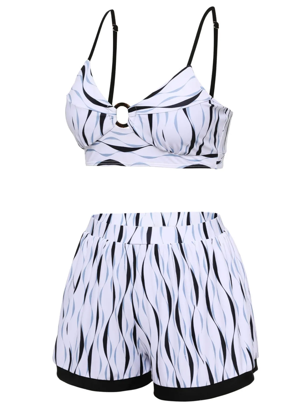 Sale Retro Stage 1950s Water Ripple Patchwork Strap Swimsuit Black & White