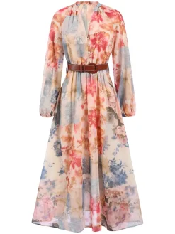 Online Retro Stage 1940s Watercolor Floral Belted Maxi Dress Multicolor