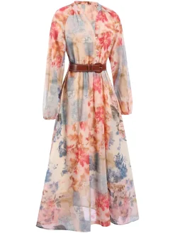 Online Retro Stage 1940s Watercolor Floral Belted Maxi Dress Multicolor