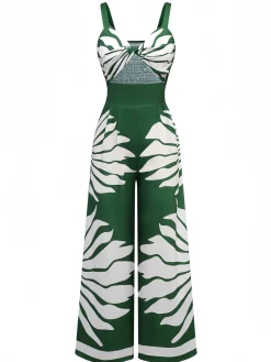 Fashion Retro Stage 1930s Wide-Strap Hollow Twist Smocked Floral Jumpsuit