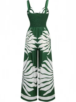Fashion Retro Stage 1930s Wide-Strap Hollow Twist Smocked Floral Jumpsuit
