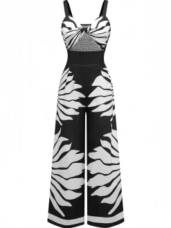 Fashion Retro Stage 1930s Wide-Strap Hollow Twist Smocked Floral Jumpsuit