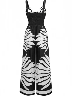 Fashion Retro Stage 1930s Wide-Strap Hollow Twist Smocked Floral Jumpsuit