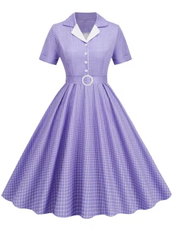 Fashion Retro Stage 1950s Window Pane Plaid Lapel Swing Dress