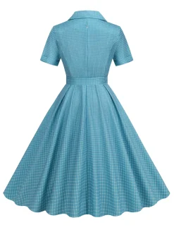 Fashion Retro Stage 1950s Window Pane Plaid Lapel Swing Dress