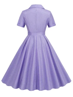 Fashion Retro Stage 1950s Window Pane Plaid Lapel Swing Dress
