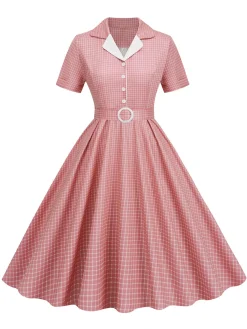 Fashion Retro Stage 1950s Window Pane Plaid Lapel Swing Dress
