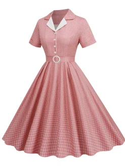Fashion Retro Stage 1950s Window Pane Plaid Lapel Swing Dress