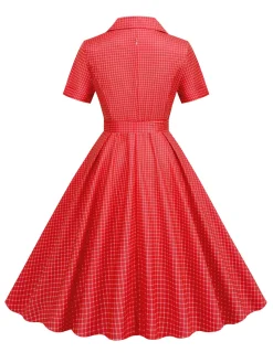 Fashion Retro Stage 1950s Window Pane Plaid Lapel Swing Dress