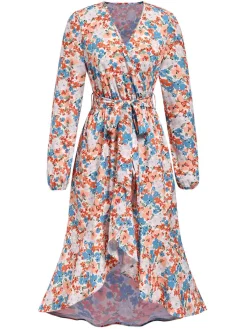 New Retro Stage 1940s Wrap Floral Ruffled Hem Belted Dress Orange