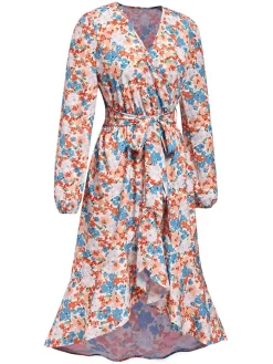 New Retro Stage 1940s Wrap Floral Ruffled Hem Belted Dress Orange