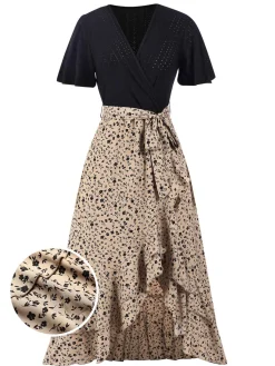 Hot Retro Stage 1930s Wrap V-Neck Patchwork Ruffle Dress