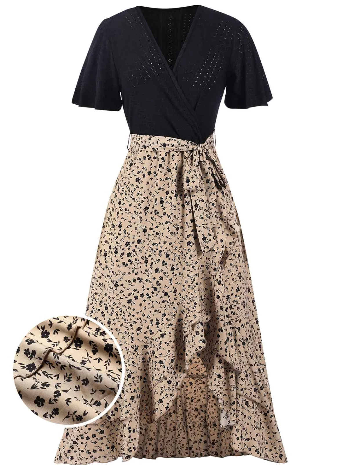 Hot Retro Stage 1930s Wrap V-Neck Patchwork Ruffle Dress