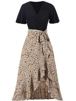 Hot Retro Stage 1930s Wrap V-Neck Patchwork Ruffle Dress