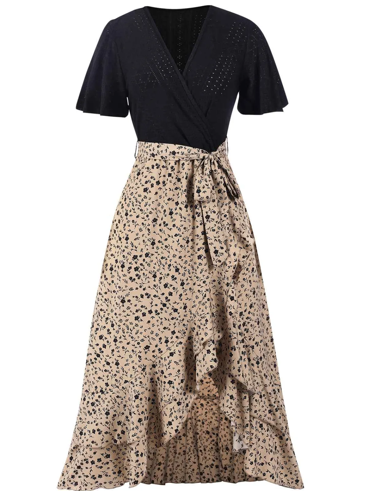 Hot Retro Stage 1930s Wrap V-Neck Patchwork Ruffle Dress