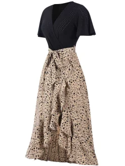 Hot Retro Stage 1930s Wrap V-Neck Patchwork Ruffle Dress