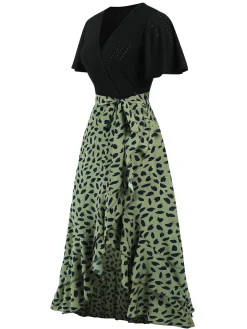 Hot Retro Stage 1930s Wrap V-Neck Patchwork Ruffle Dress
