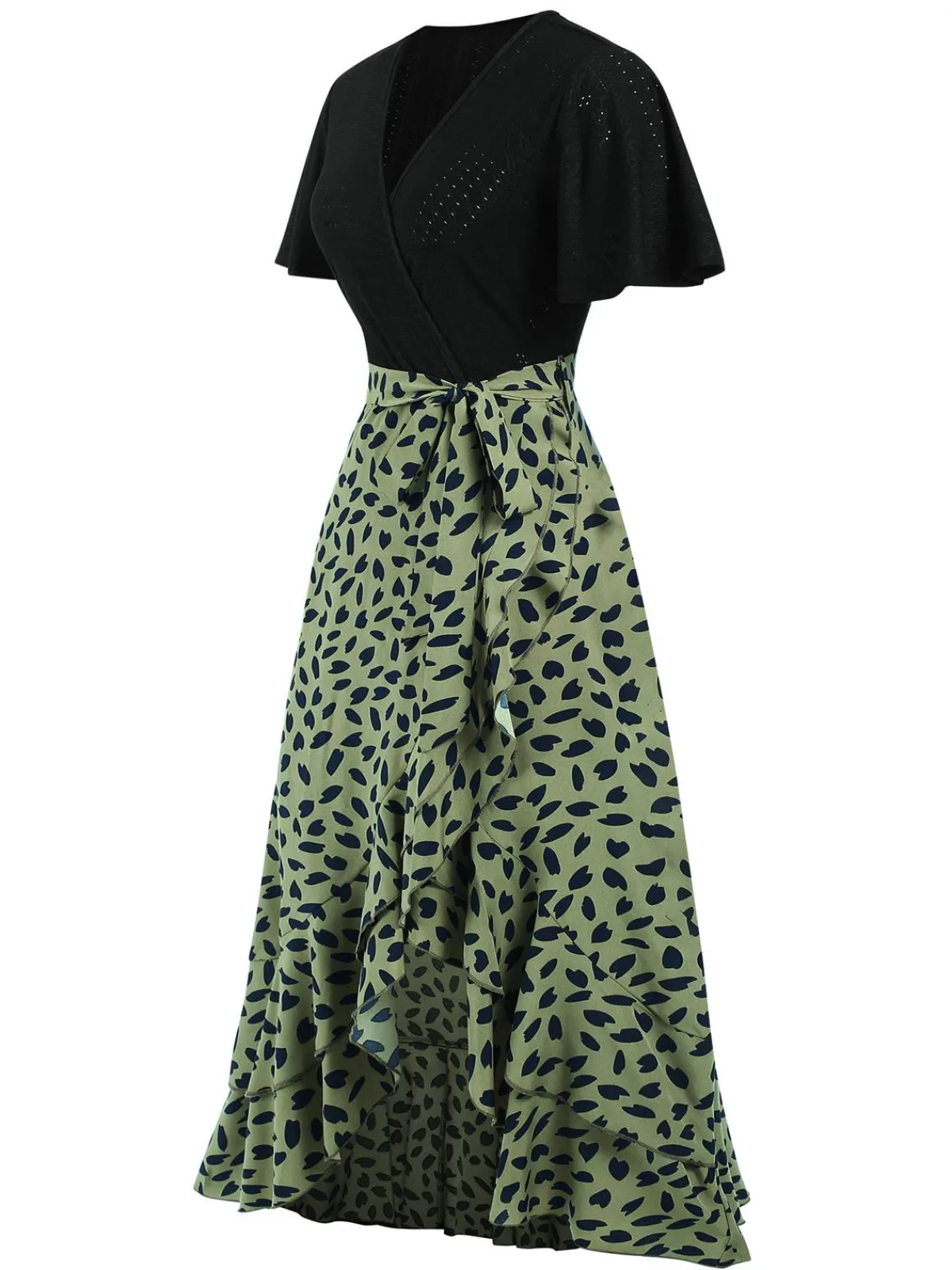 Hot Retro Stage 1930s Wrap V-Neck Patchwork Ruffle Dress