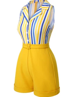 Hot Retro Stage 1950s White Blue Striped Lapel Romper Yellow