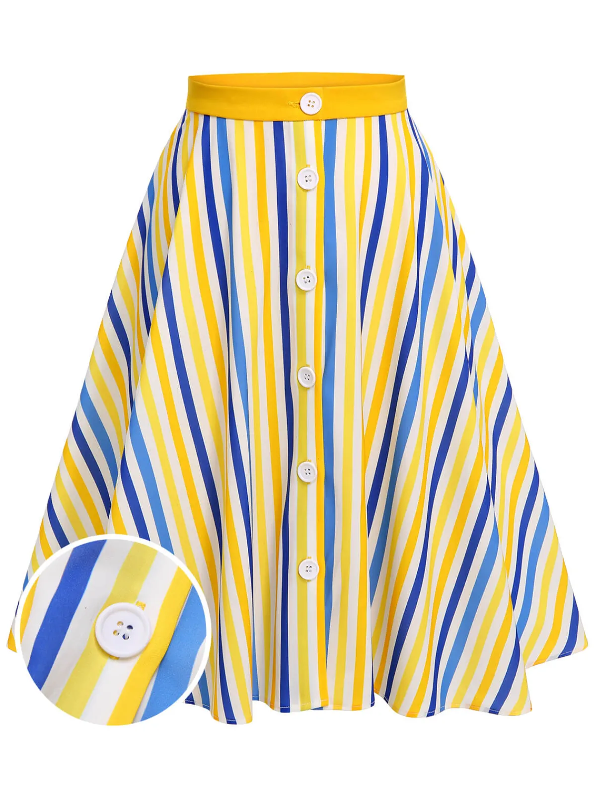 Best Retro Stage 1950s Yellow White Blue d Button Skirt Stripe