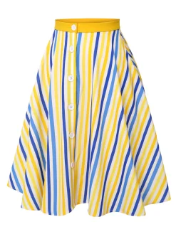 Best Retro Stage 1950s Yellow White Blue d Button Skirt Stripe