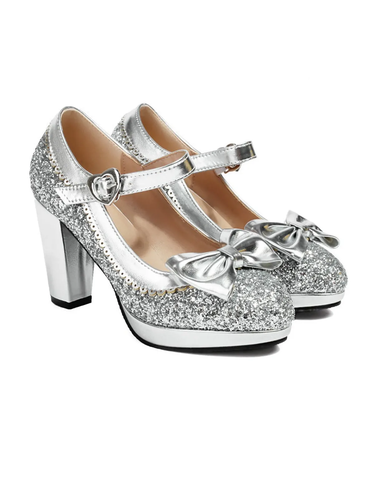 Sale Retro Stage Sequined Bow Chunky High Heels