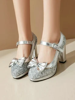 Sale Retro Stage Sequined Bow Chunky High Heels