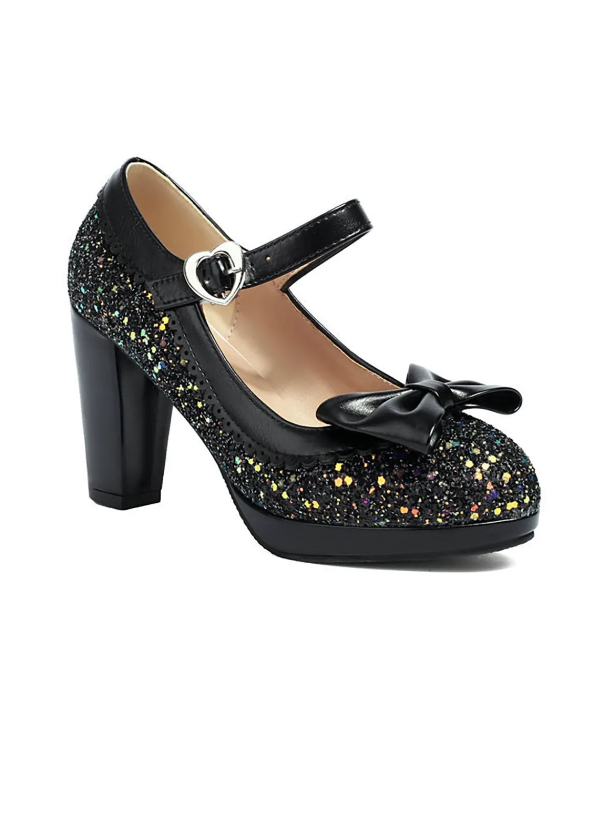 Sale Retro Stage Sequined Bow Chunky High Heels