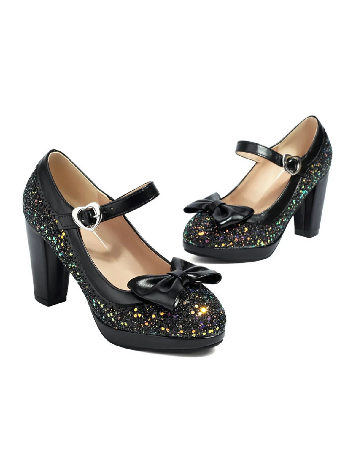 Sale Retro Stage Sequined Bow Chunky High Heels