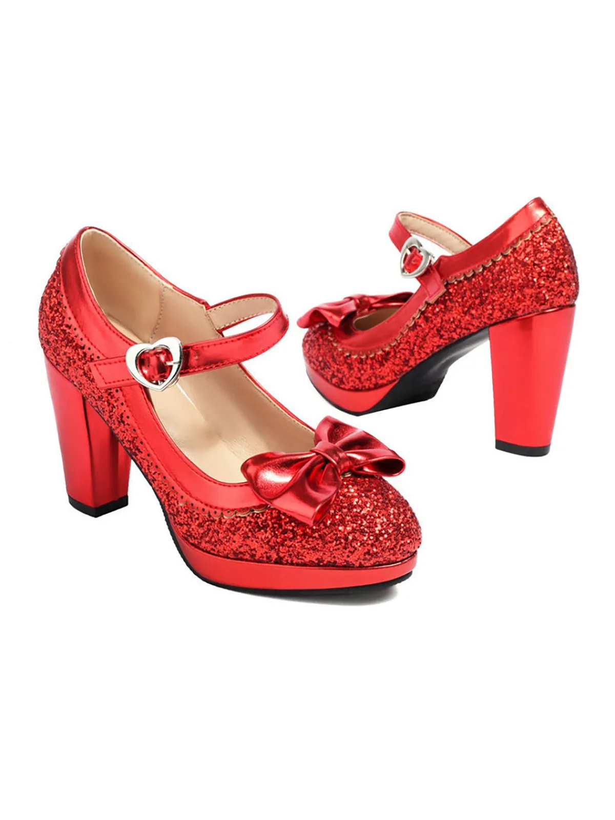 Sale Retro Stage Sequined Bow Chunky High Heels