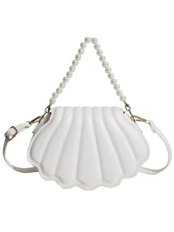 Hot Retro Stage Shell Shape Pearl Chain PU Leather Bag
