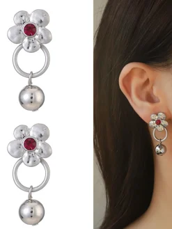 Best Retro Stage Silver & Red Rhinestone Flower Bell Earrings