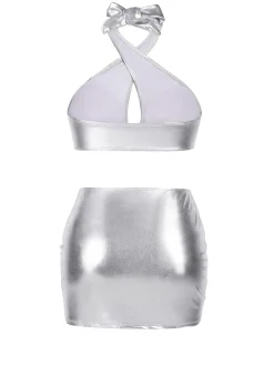 Fashion Retro Stage 1960s Laser Drawstring Cross Halter Swimsuit Silver