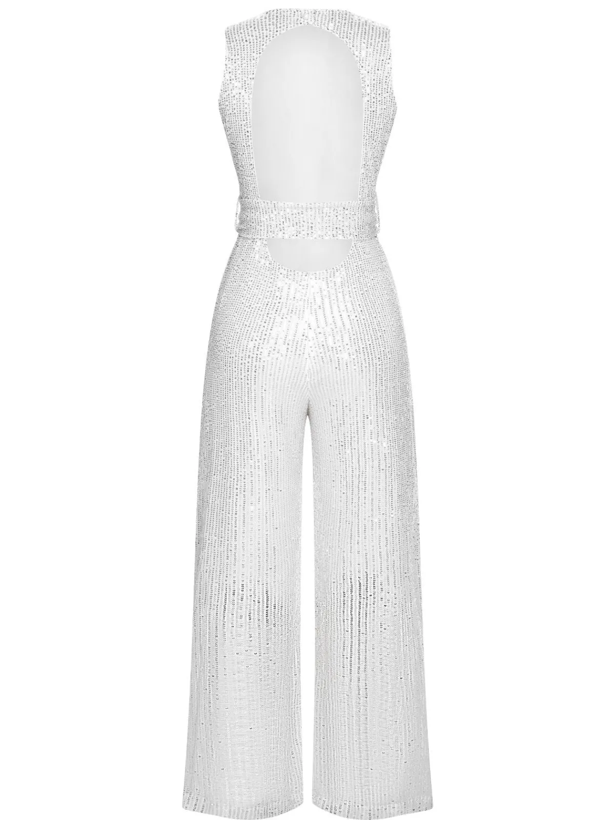 Sale Retro Stage 1930s Solid Sequined Backless Jumpsuit Silver