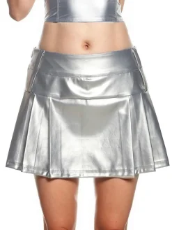 Hot Retro Stage 1980s Steampunk Solid Pleated Skirt Silver