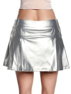 Hot Retro Stage 1980s Steampunk Solid Pleated Skirt Silver