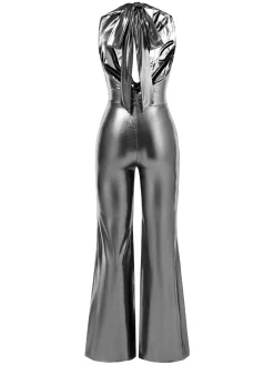 Sale Retro Stage 1970s V-Neck Halter Sequined Jumpsuit Silver