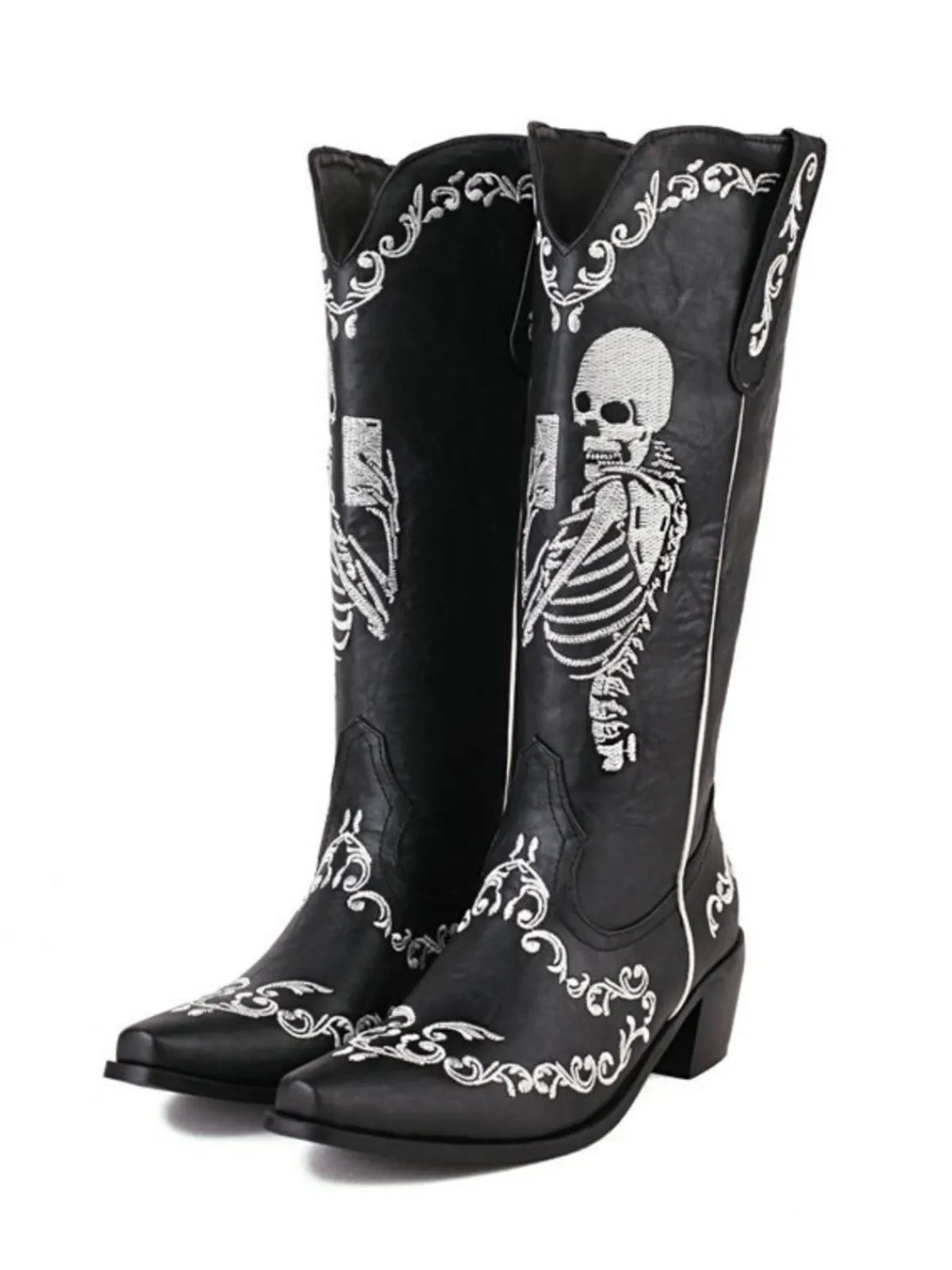 Best Retro Stage Skeleton Embroidery Pointed Chunky Heels Boots