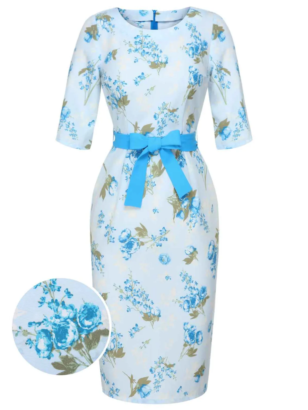 New Retro Stage 1960s Floral Belted Pencil Dress Sky Blue