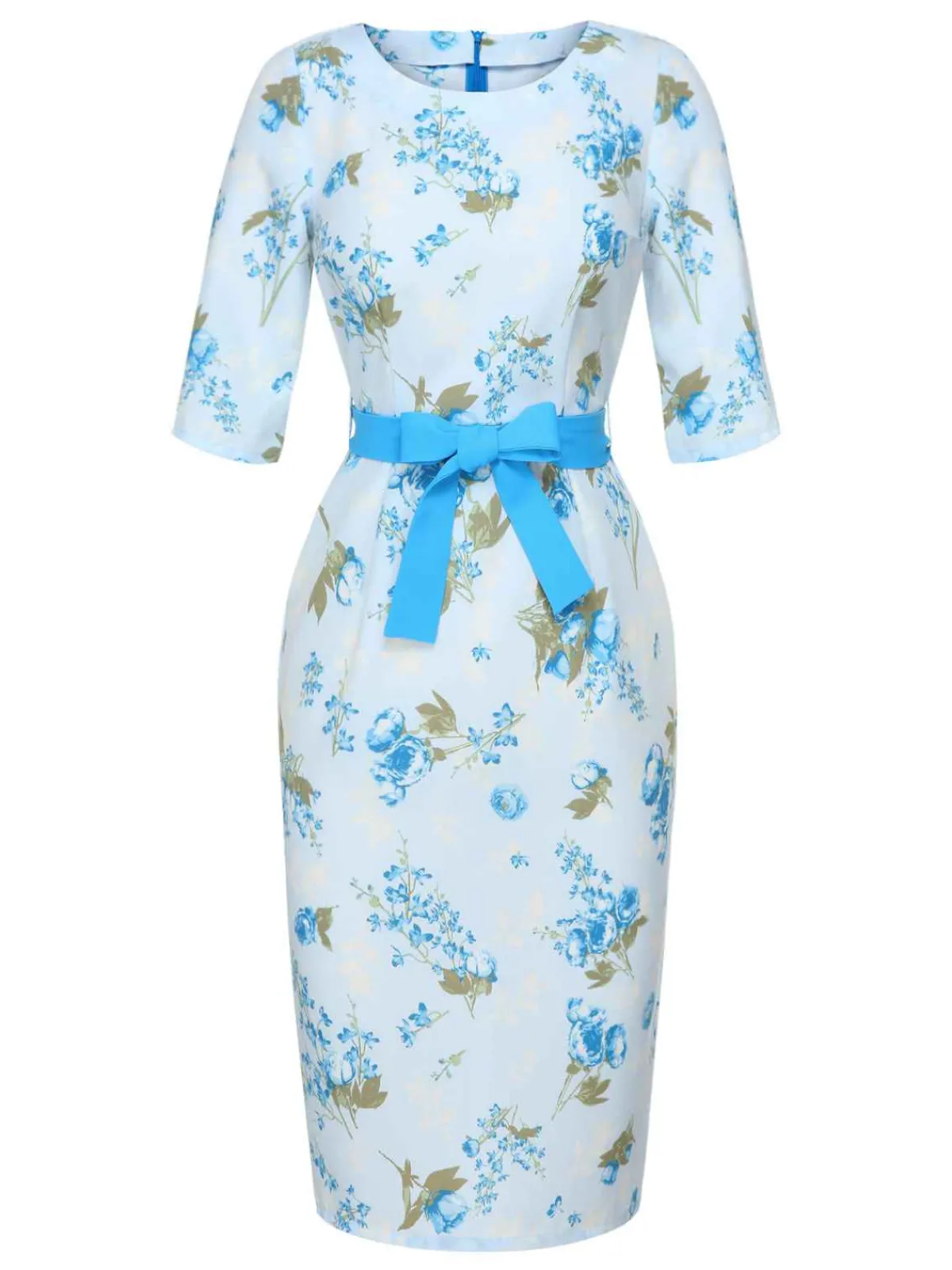 New Retro Stage 1960s Floral Belted Pencil Dress Sky Blue