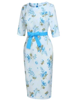 New Retro Stage 1960s Floral Belted Pencil Dress Sky Blue