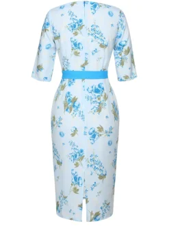 New Retro Stage 1960s Floral Belted Pencil Dress Sky Blue