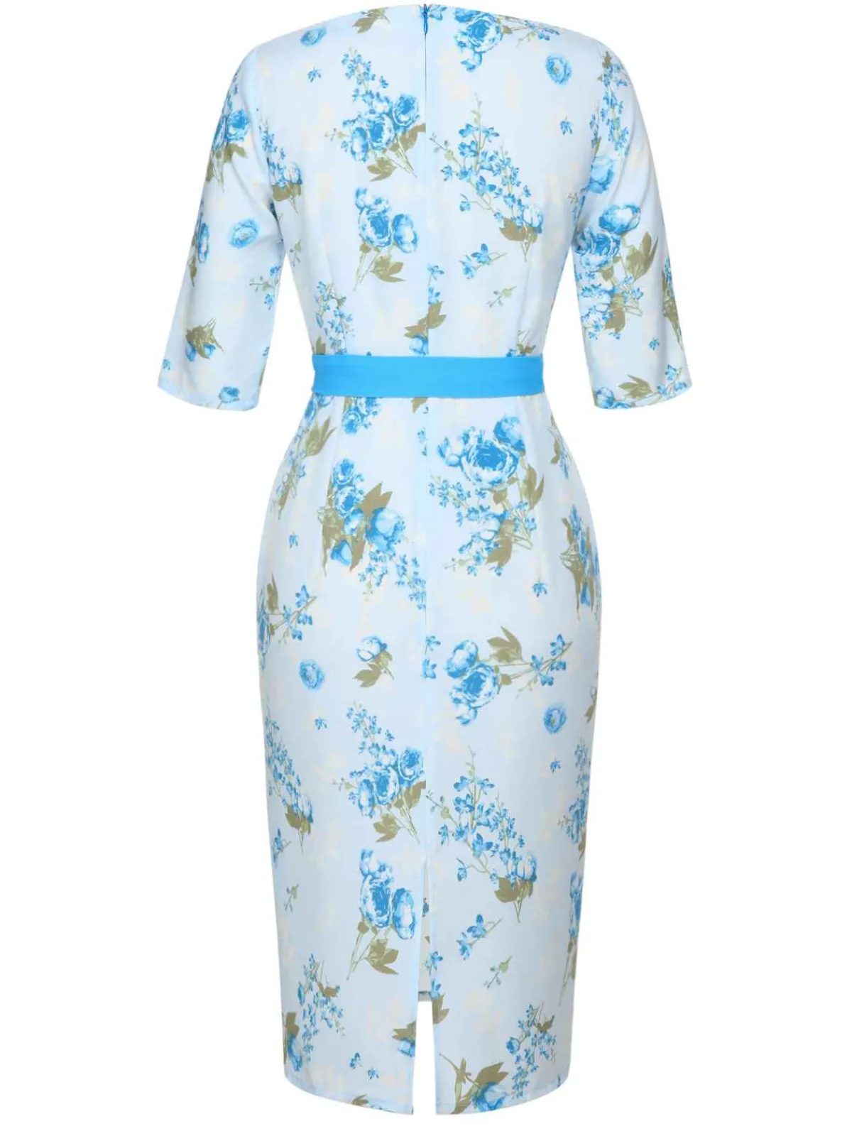 New Retro Stage 1960s Floral Belted Pencil Dress Sky Blue