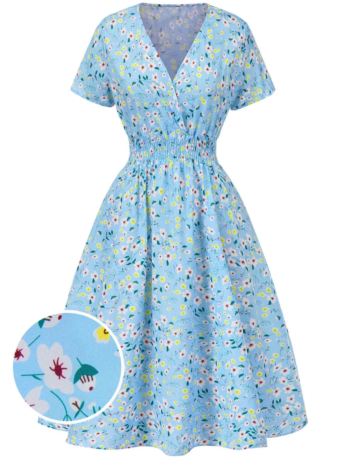 Outlet Retro Stage 1950s Floral V-Neck A-line Dress Sky Blue